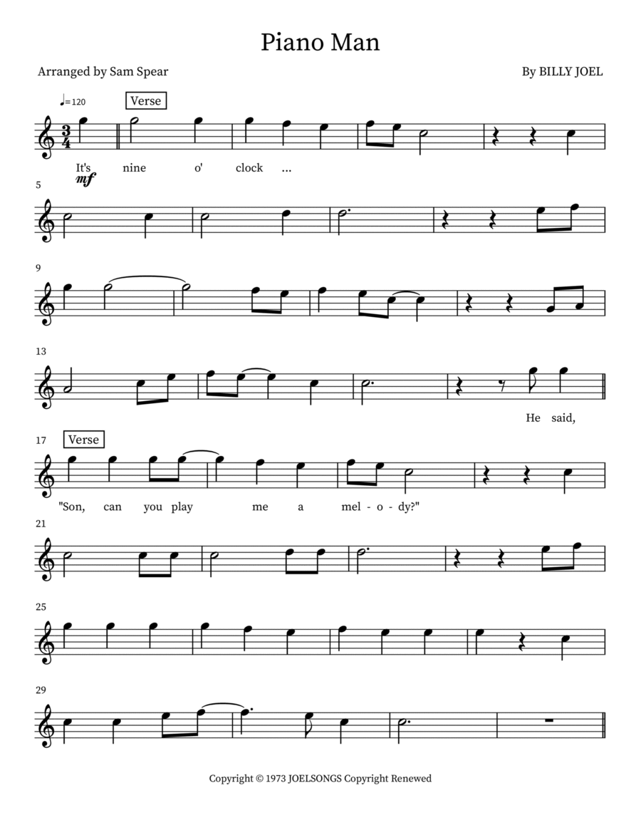 Piano Man Flute Solo scores gallery preview page 1