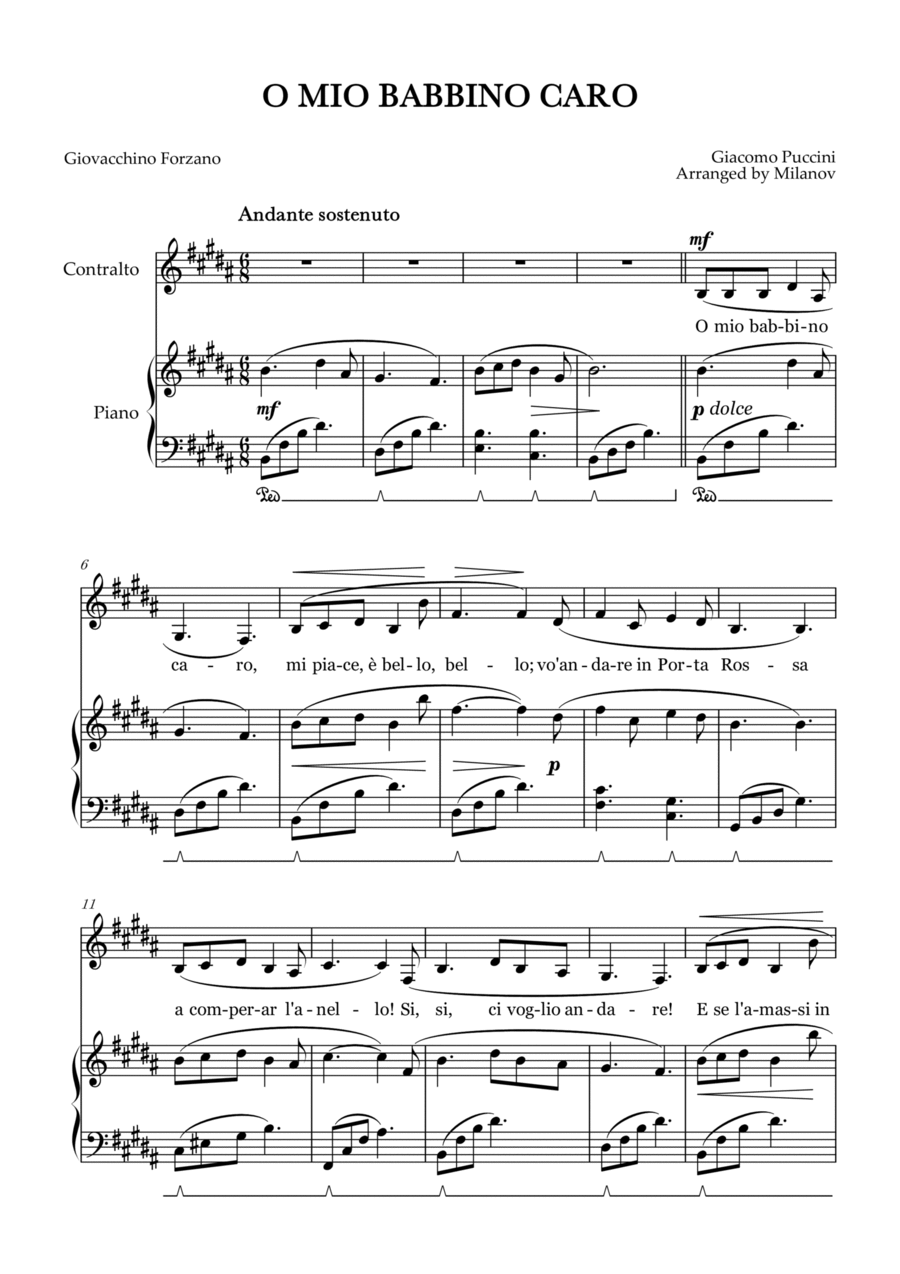 O Mio Babbino Caro | Female Voice Contralto | B Major | Piano accompaniment | Pedal Alto Voice scores gallery preview page 1
