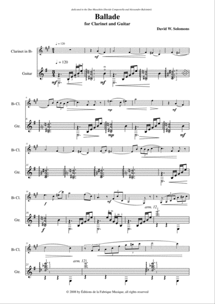 David W. Solomons: Ballade for Bb clarinet and guitar B-Flat Clarinet scores gallery preview page 2
