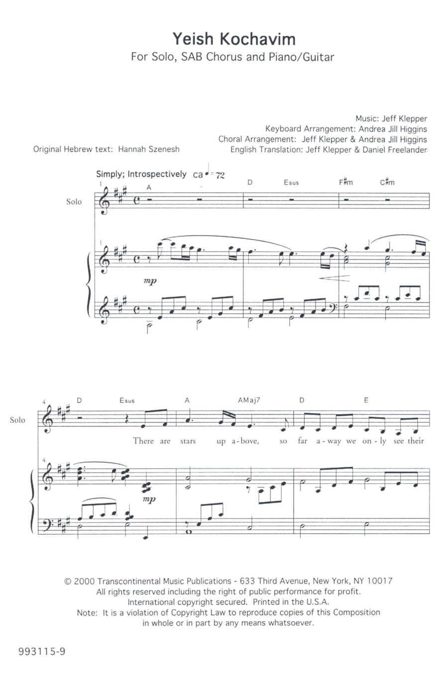 Yeish Kochavim (There Are Stars) 3-Part scores gallery preview page 1