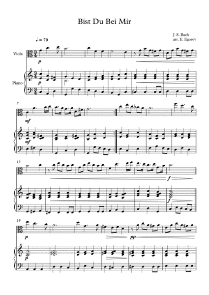 Bist Du Bei Mir, Johann Sebastian Bach, For Viola & Piano image number null