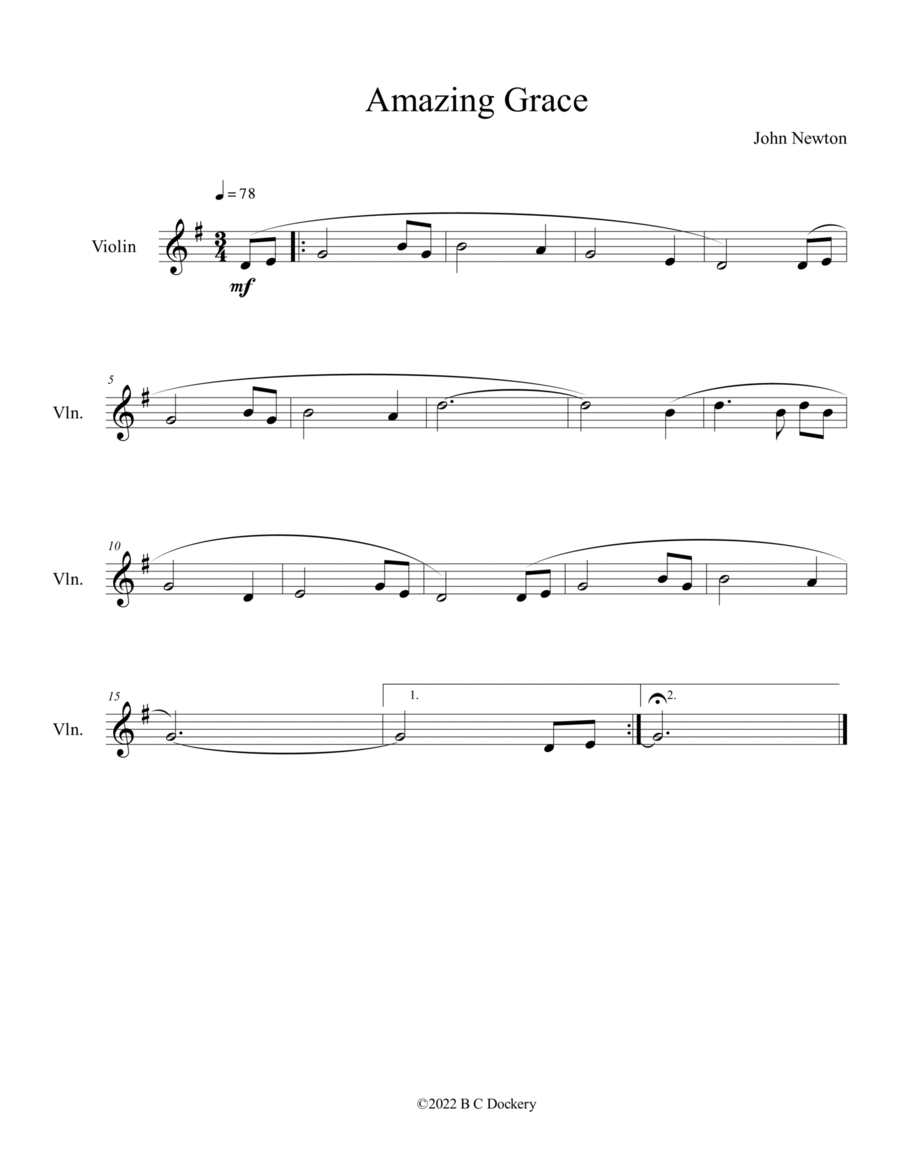 Amazing Grace (Solo Violin) Violin Solo scores gallery preview page 1