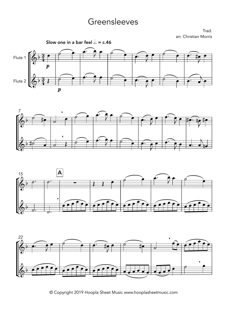 Greensleeves, fantasy for flute duet Flute Duet scores gallery preview page 1