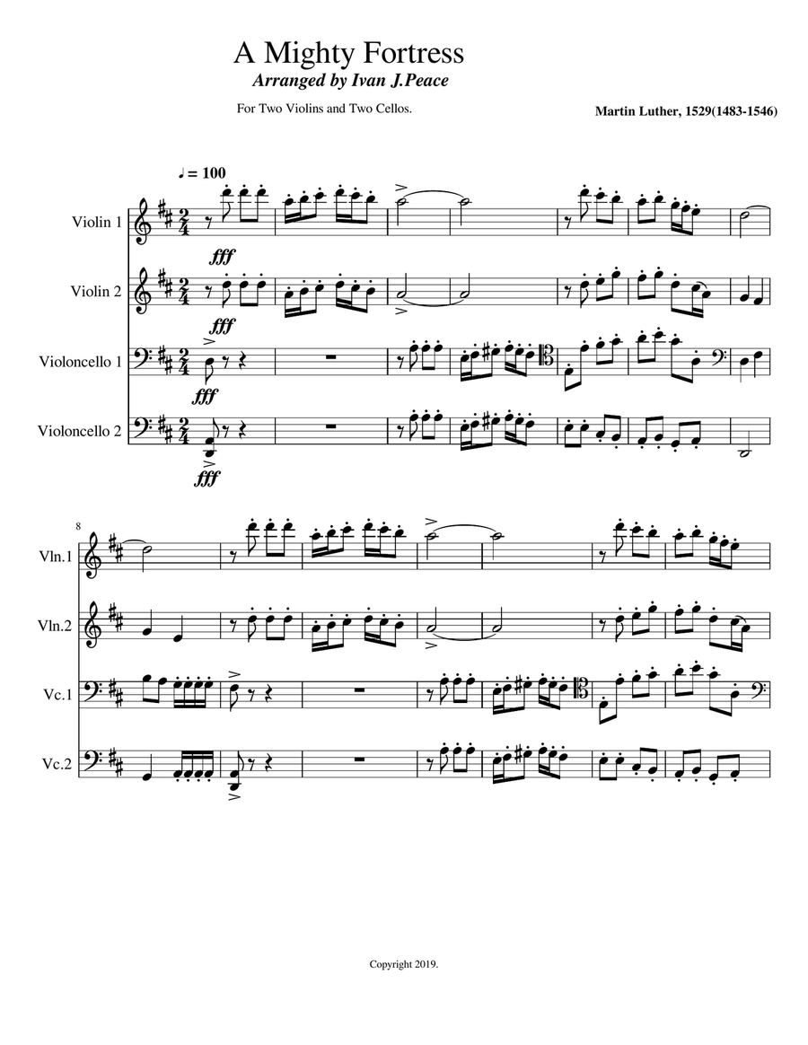A Mighty Fortress for two cellos and two violin String Quartet scores gallery preview page 1