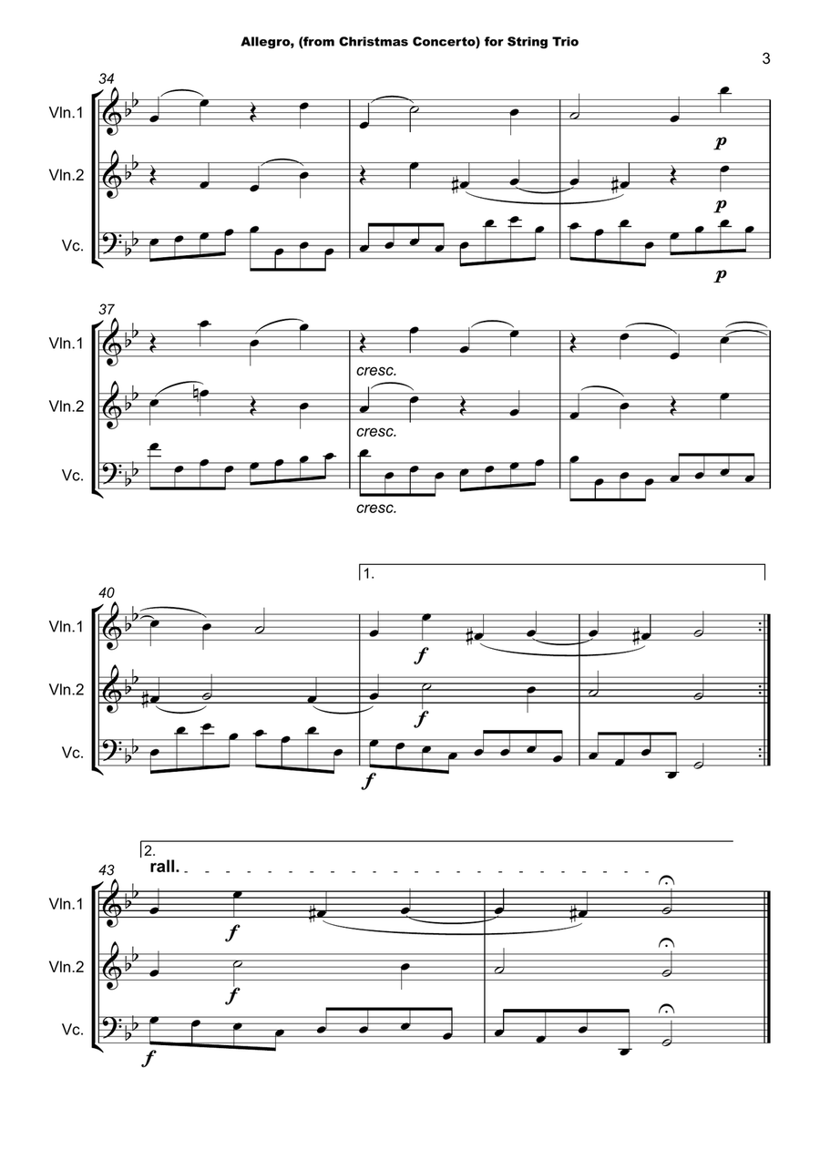 Christmas Concerto, Allegro, by Corelli; for String Trio, two Violins and one Cello String Trio scores gallery preview page 4