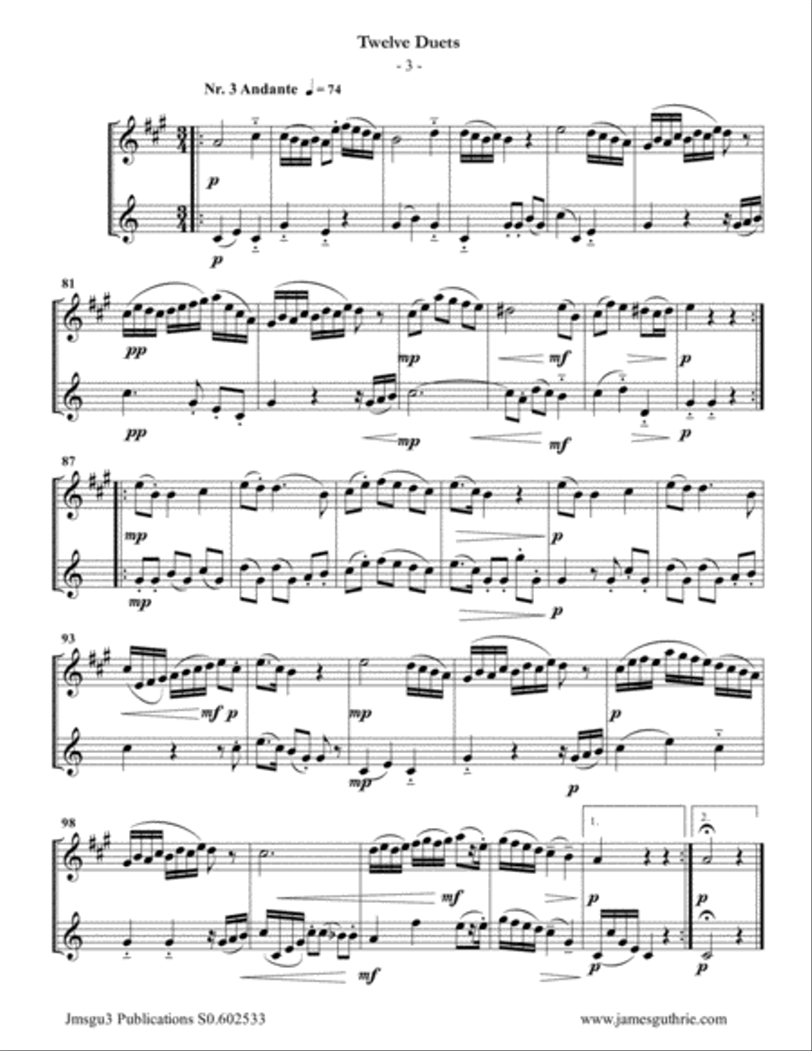 Mozart: 12 Duets K. 487 for Clarinet & Alto Flute Woodwind Duet scores gallery preview page 3