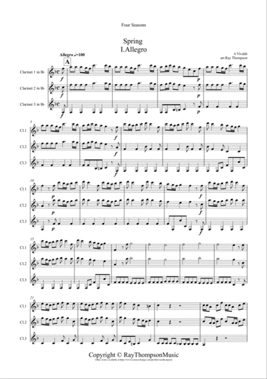 Vivaldi: The Four Seasons (Le quattro stagioni): A Suite of 4 Movements (easier and abridged) Clarinet Trio scores gallery preview page 1