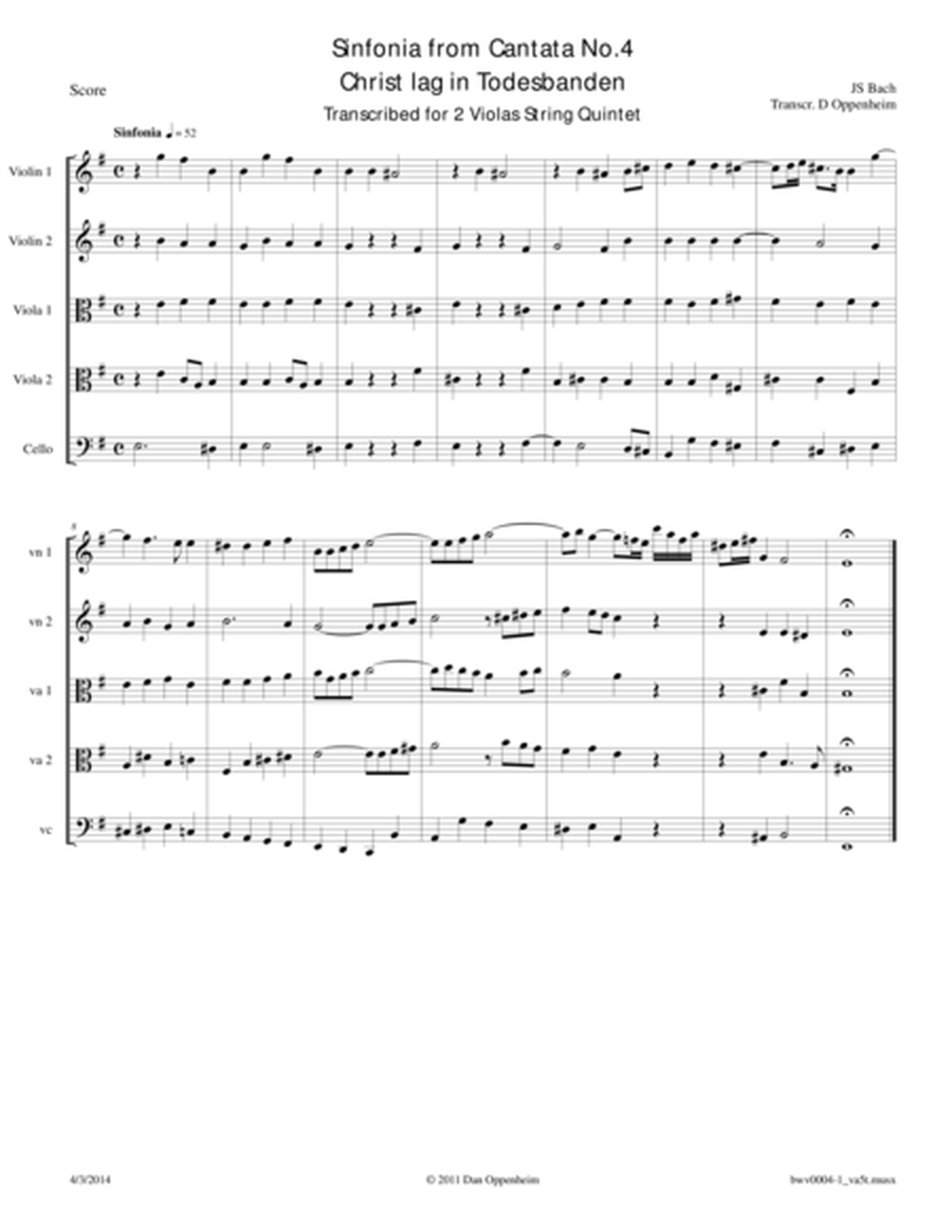 Bach: Sinfonia from Cantata No. 4 transcribed for String Quintet image number null