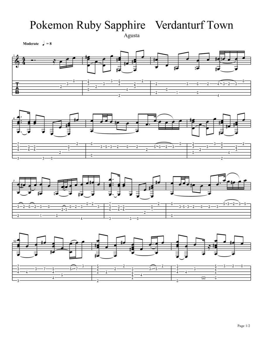 Verdanturf Town - Pokemon Ruby Sapphire Acoustic Guitar scores gallery preview page 1