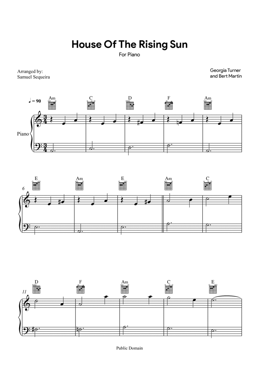 House of the Rising Sun - for easy Piano - with Chords Easy Piano scores gallery preview page 1