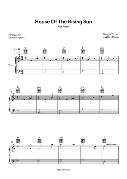 House of the Rising Sun - for easy Piano - with Chords image number null