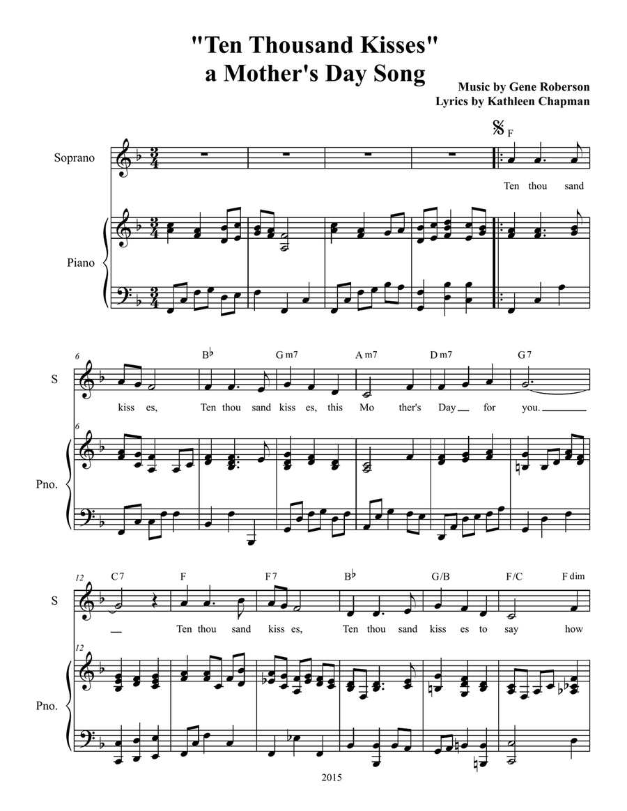 Ten Thousand Kisses (Mother's Day Song) Unison Choir scores gallery preview page 1
