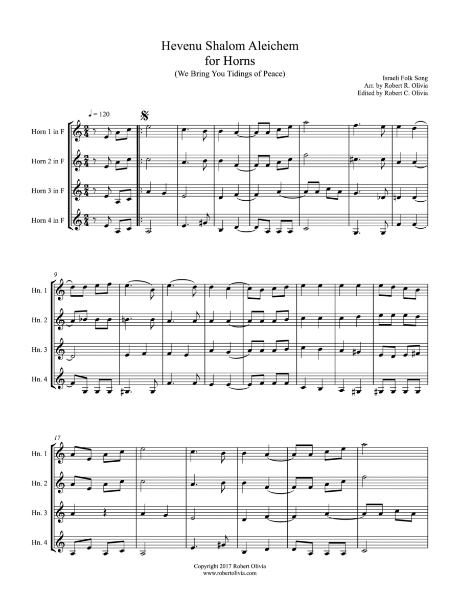 Hevenu Shalom Aleichem (We Bring You Tidings of Peace) for Horns Brass Ensemble scores gallery preview page 1