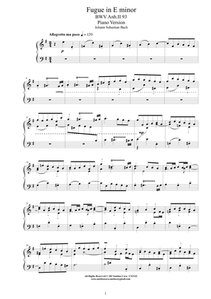 Book cover for Bach - Fugue in E minor BWV Anh.II 93 - Piano version