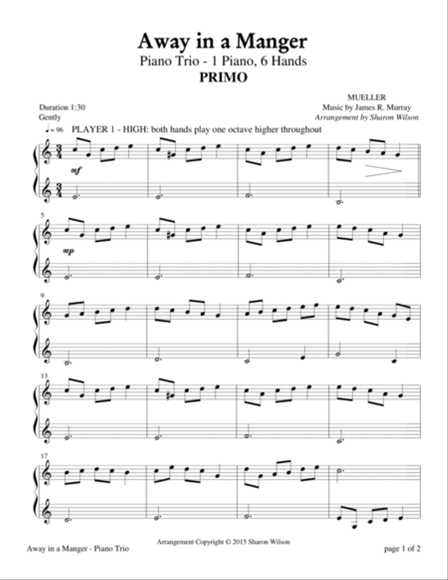 Away in a Manger (Easy-Intermediate Piano Trio; 1 Piano, 6 Hands) Piano Duet scores gallery preview page 2