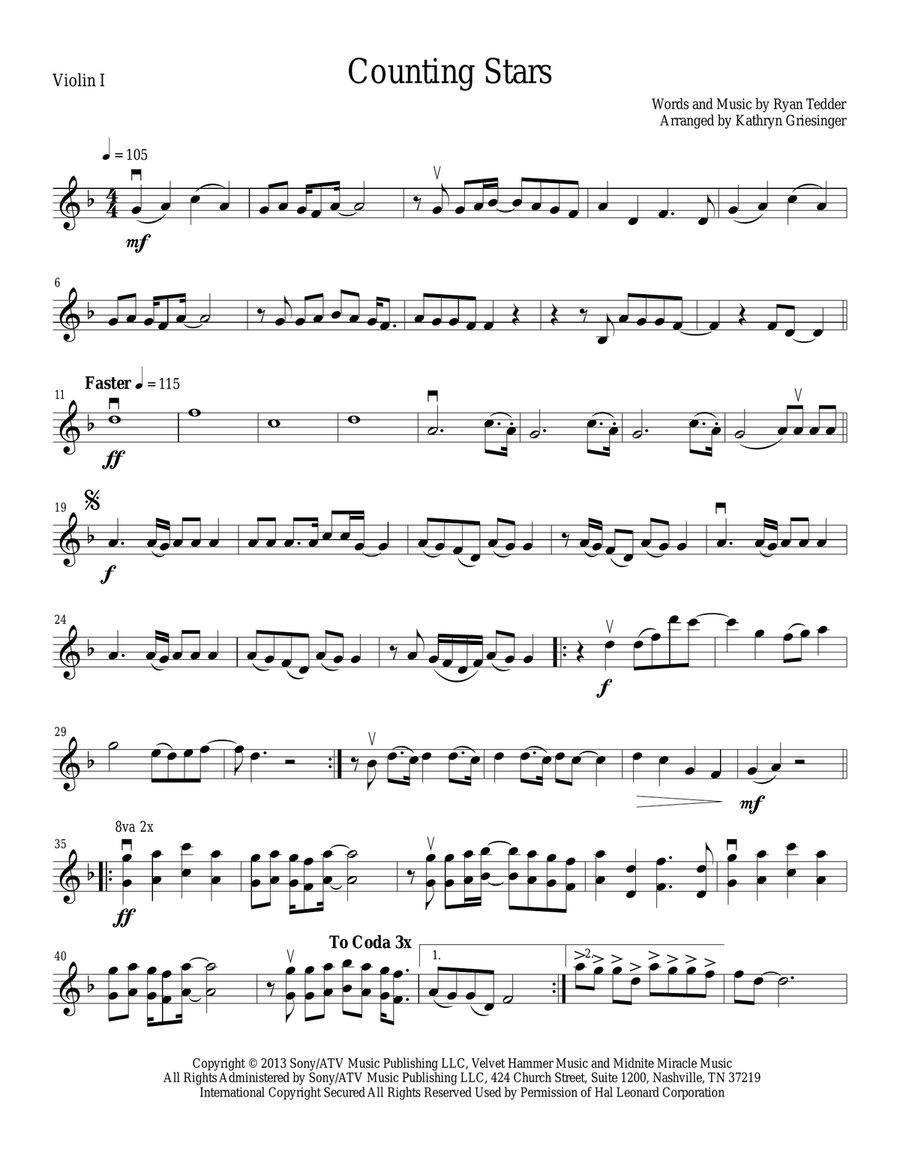 Counting Stars String Quartet scores gallery preview page 1