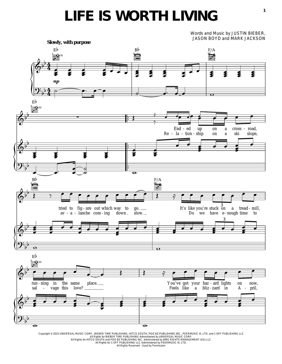 Life Is Worth Living Life Is Worth Living Piano, Vocal, Guitar scores gallery preview page 1