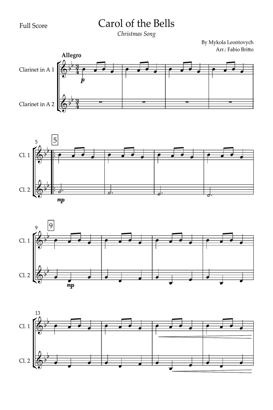 Carol of the Bells (Christmas Song) for Clarinet in A Duo Clarinet Duet scores gallery preview page 1
