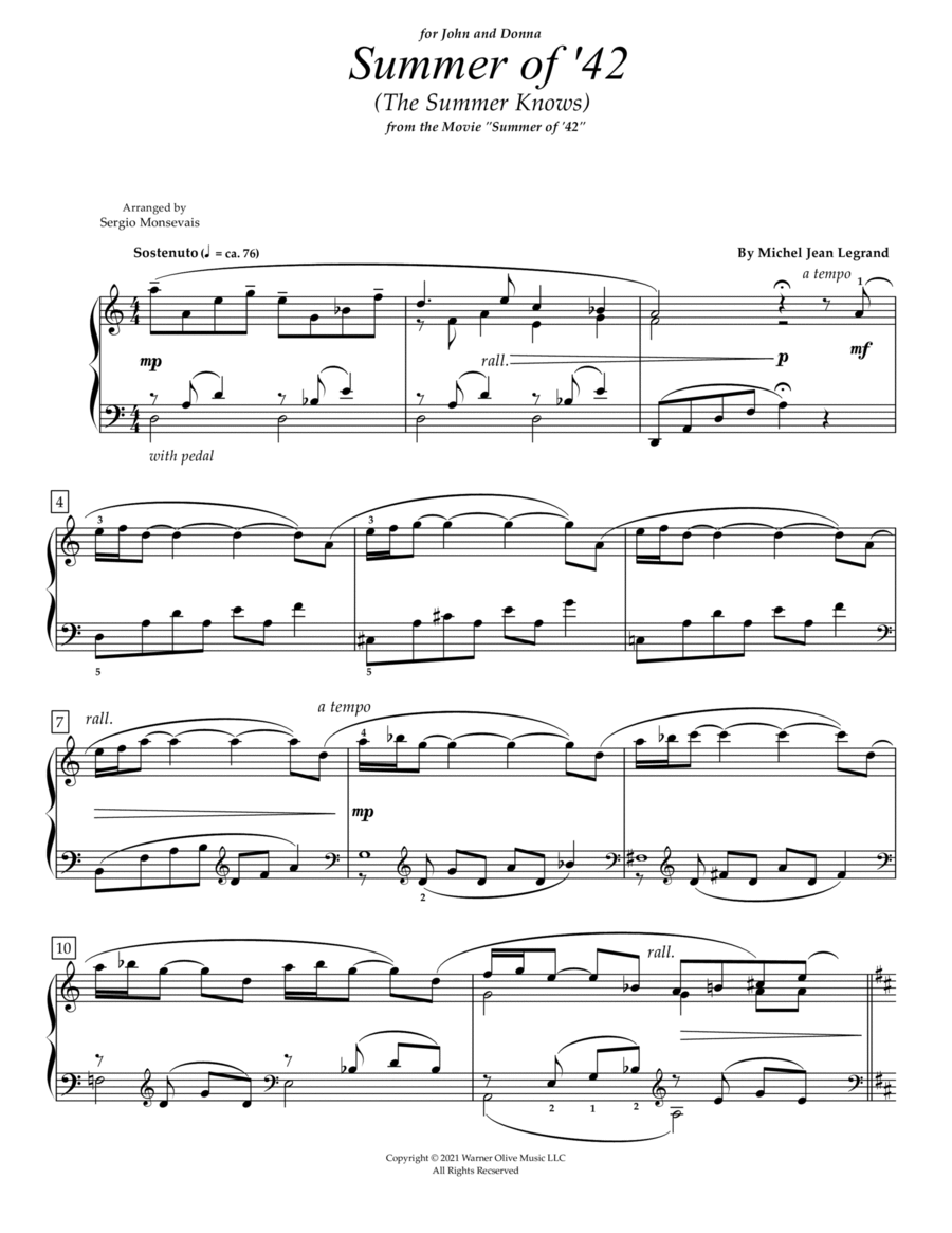 Summer Of 42 Piano Solo scores gallery preview page 1