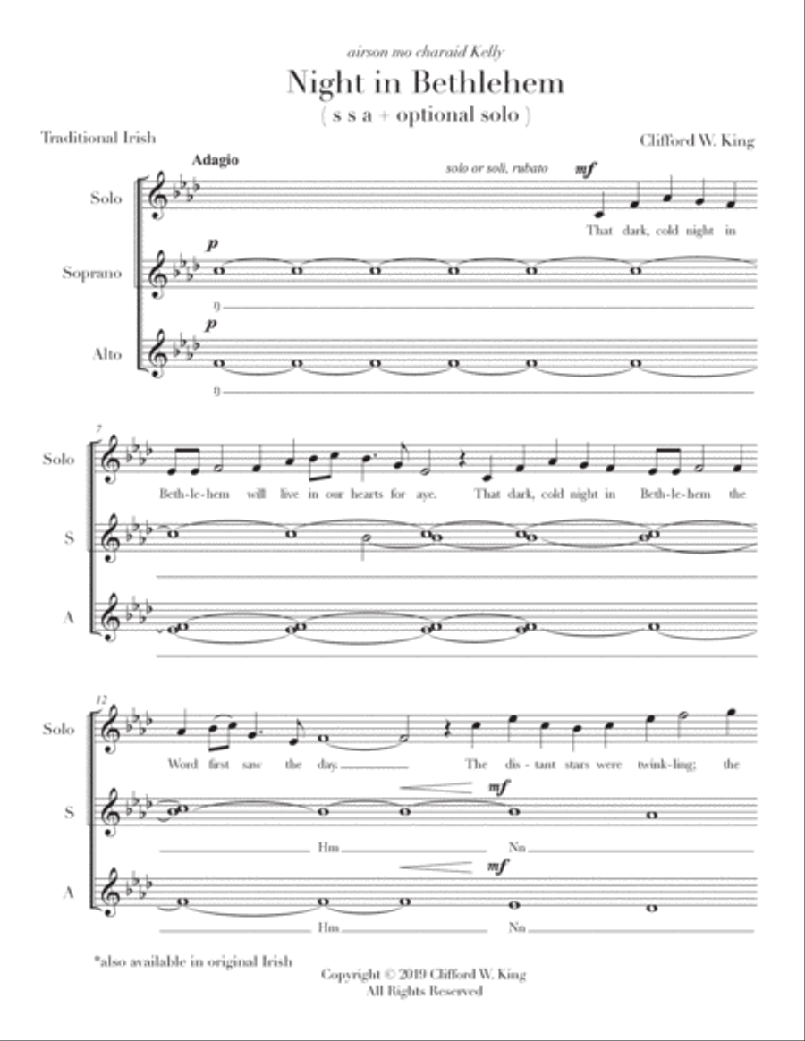 Night in Bethlehem ( s s a + optional solo ) SSA scores gallery preview page 2