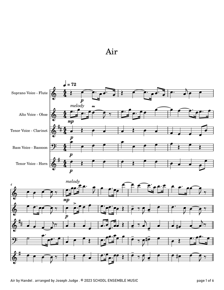 Air by Handel for Woodwind Quartet in Schools Air by Handel for Woodwind Quartet in Schools Woodwind Quartet scores gallery preview page 1