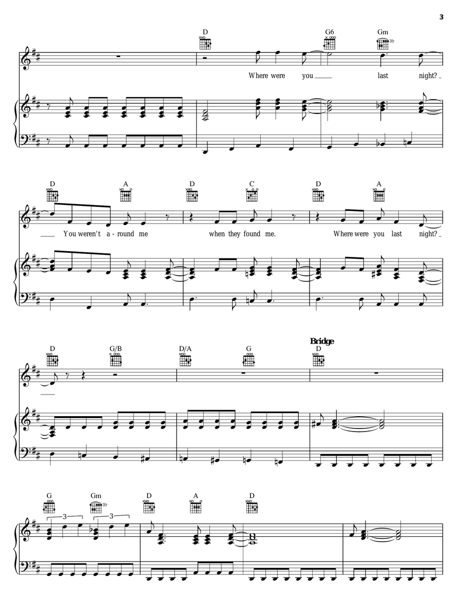 Where Were You Last Night? Piano, Vocal, Guitar scores gallery preview page 3