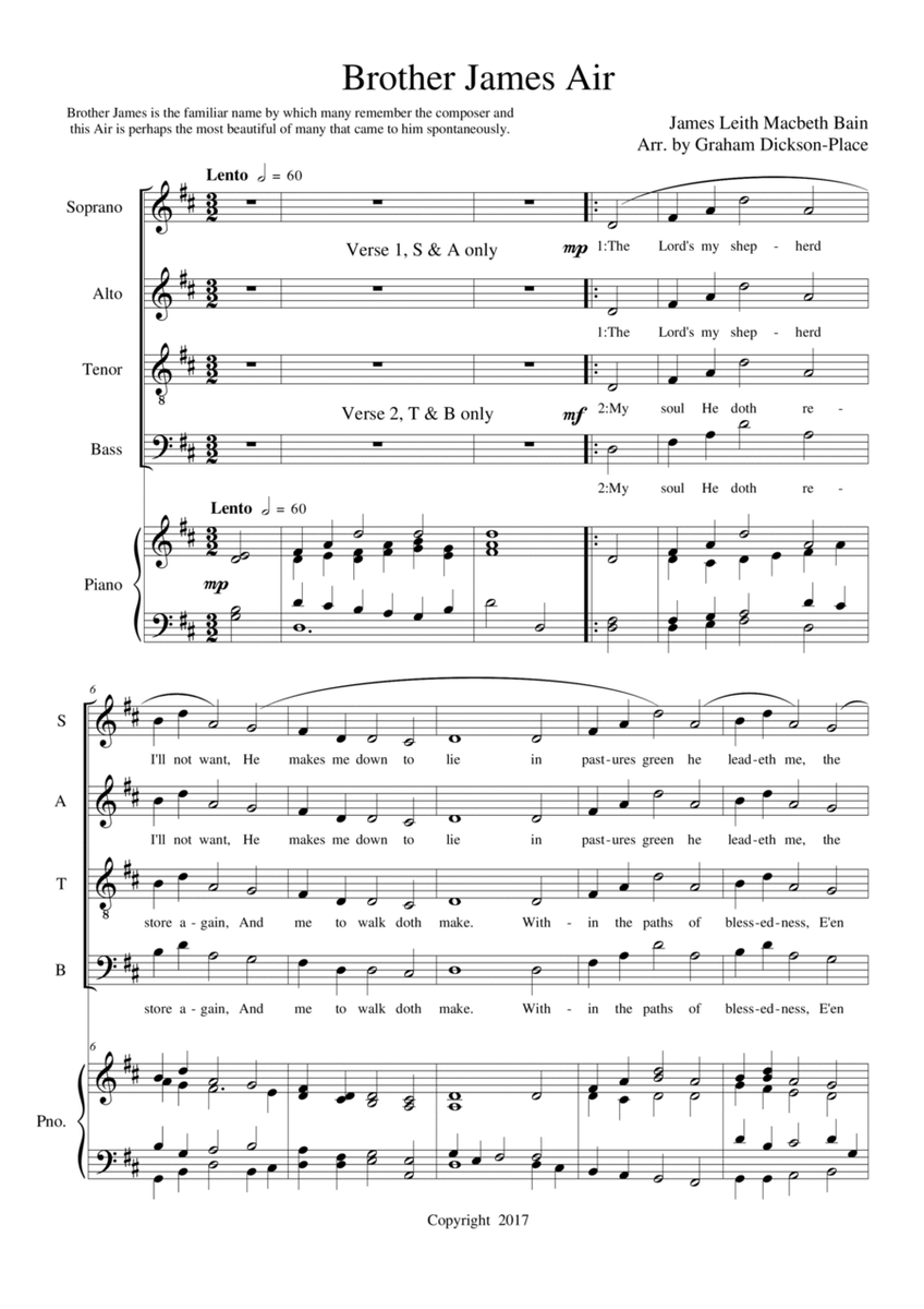 Brother James Air - SATB & piano/Organ Arr. by Graham Dickson-Place image number null