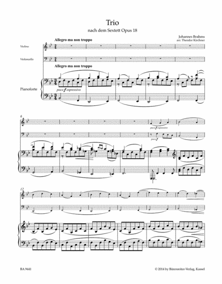 Trio fur Violine, Violoncello und Klavier (nach dem Sextett in B op. 18)