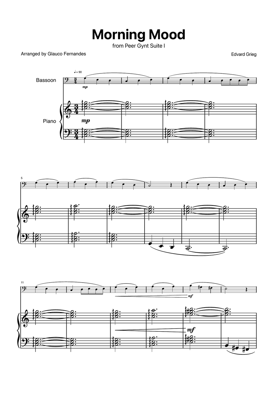 Morning Mood by Grieg for Bassoon and Piano Chamber Music scores gallery preview page 1