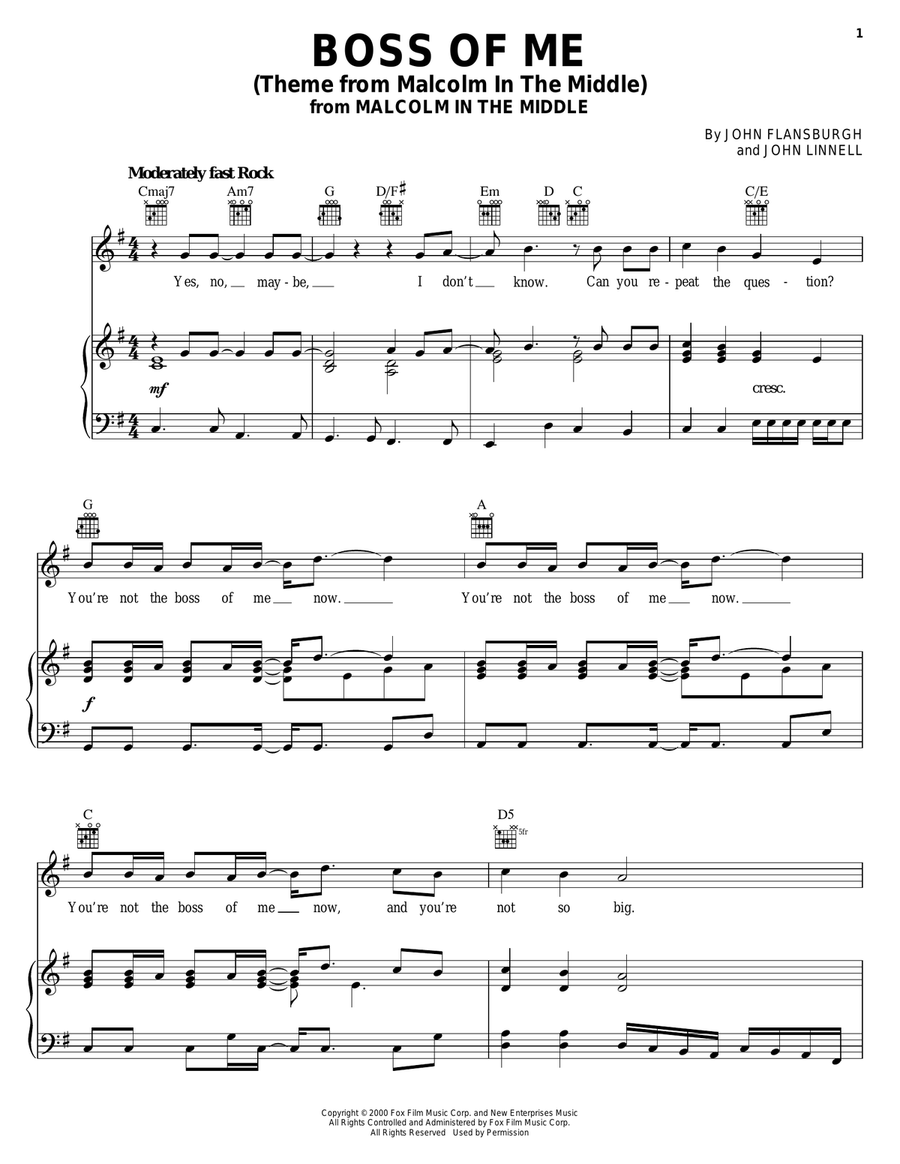 Boss Of Me (Theme From Malcolm In The Middle) Piano, Vocal, Guitar scores gallery preview page 1