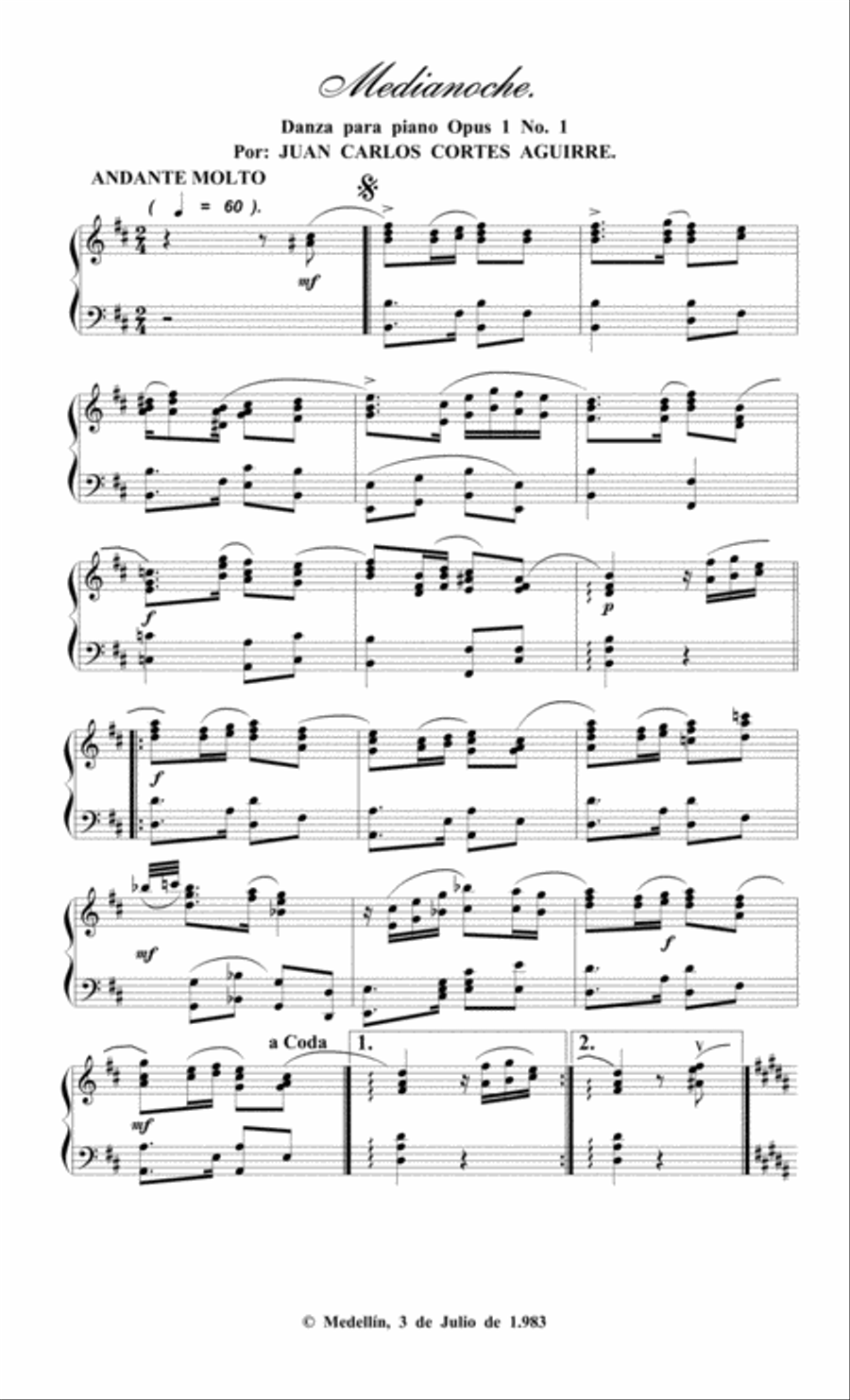 Medianoche. Danza Opus 1 No. 1 para Piano Solo por Juan Carlos Cortés Aguirre Piano Solo scores gallery preview page 1