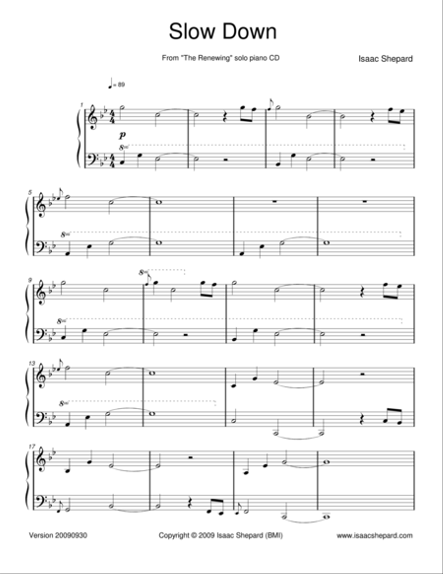 Slow Down Piano Solo scores gallery preview page 1