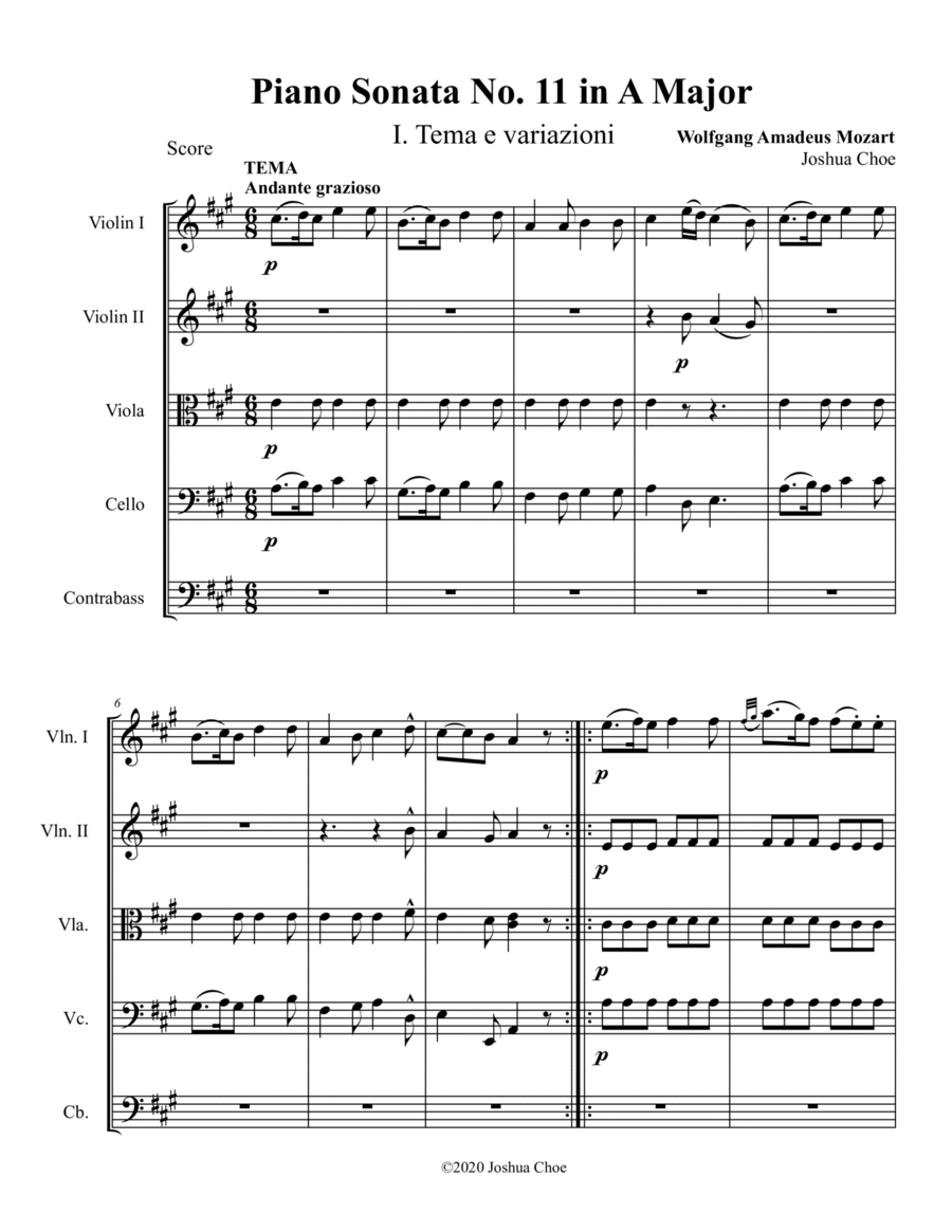 Piano Sonata No. 11, Movement 1 String Orchestra scores gallery preview page 1