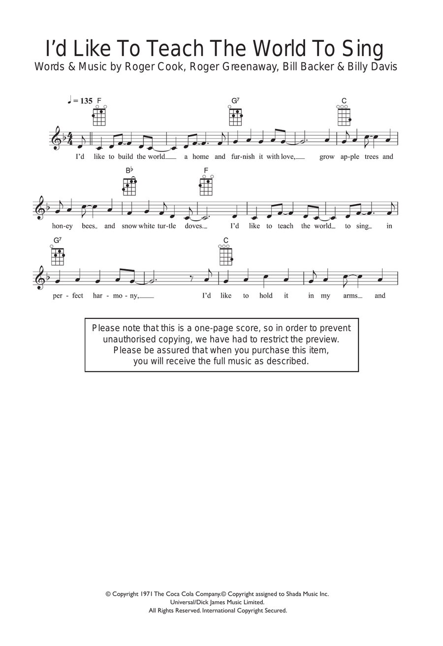 I'd Like To Teach The World To Sing Ukulele scores gallery preview page 1