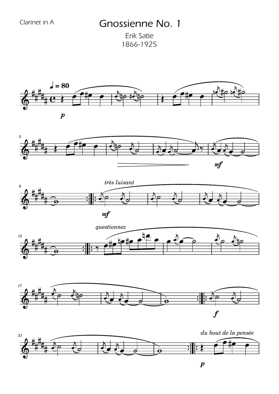 Erik Satie - Gnosienne no1 - Clarinet in A Solo A Clarinet scores gallery preview page 1