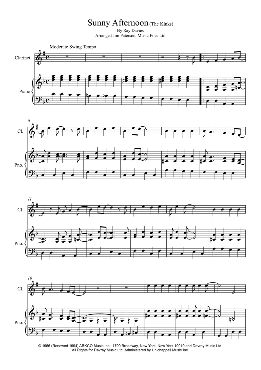 Sunny Afternoon B-Flat Clarinet scores gallery preview page 1