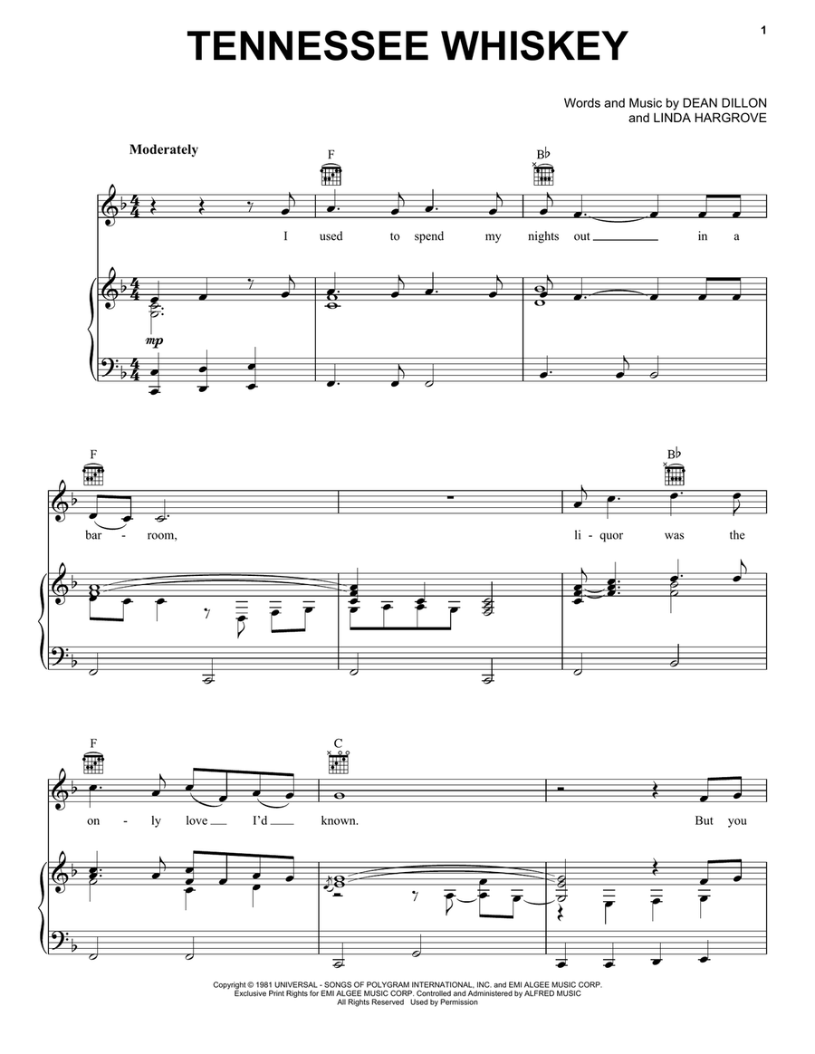 Tennessee Whiskey Piano, Vocal, Guitar scores gallery preview page 1
