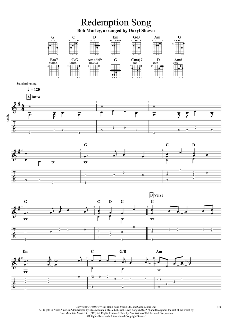 Redemption Song Guitar Tablature scores gallery preview page 1