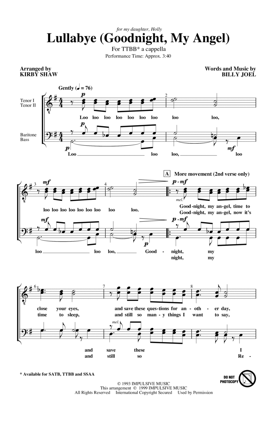 Lullabye (Goodnight, My Angel) (arr. Kirby Shaw) TTBB scores gallery preview page 1