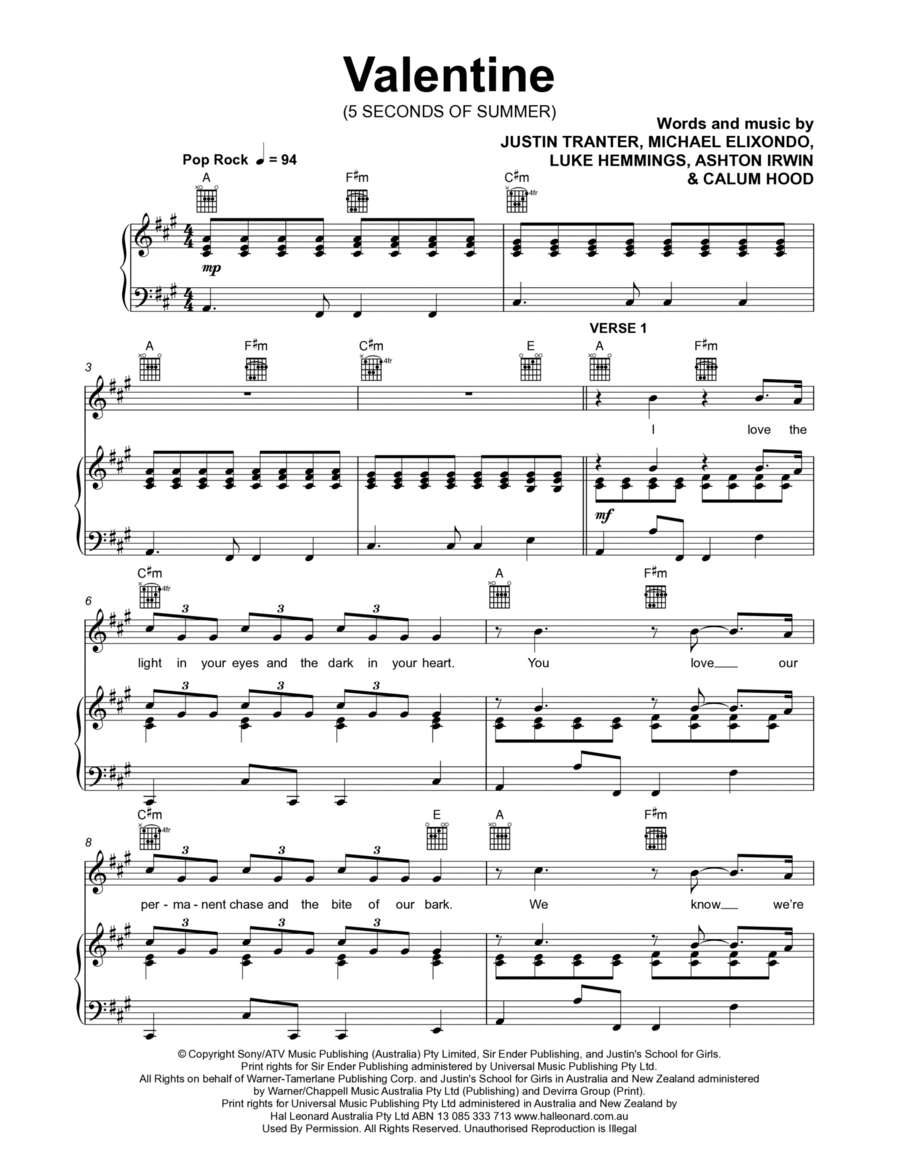 Valentine Piano, Vocal, Guitar scores gallery preview page 1