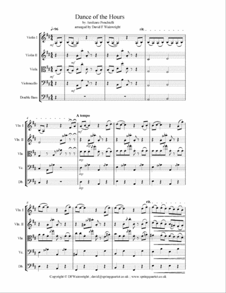 Dance of the Hours by Ponchielli arranged for string quartet with optional bass, score & parts String Quartet scores gallery preview page 1