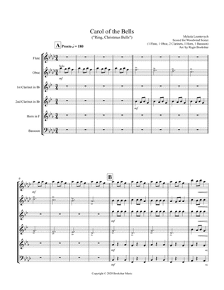 Carol of the Bells (F min) (Woodwind Sextet - 1 Flute, 1 Oboe, 2 Clar, 1 Hrn, 1 Bassoon)