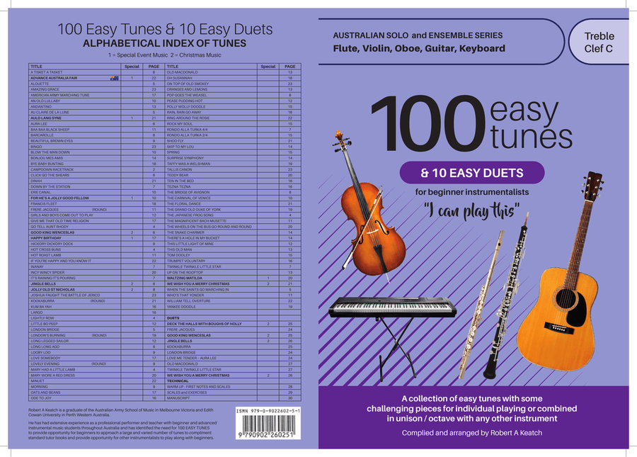 A LEARN TO PLAY book of 100 EASY TUNES and TEN EASY DUETS, Beginner, VIOLIN in TREBLE CLEF.