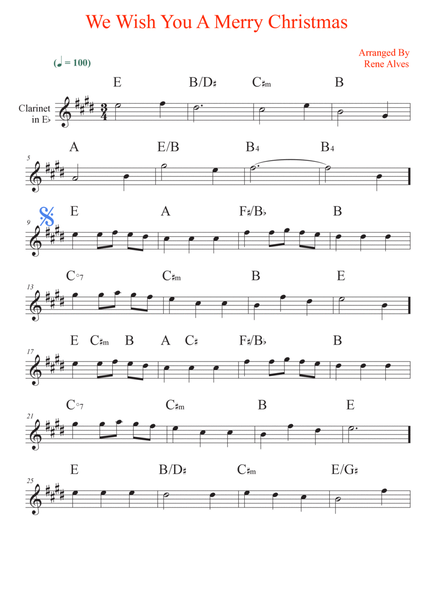We Wish You A Merry Christmas, score and clarinet melody in Eb for the beginning musician (easy). image number null