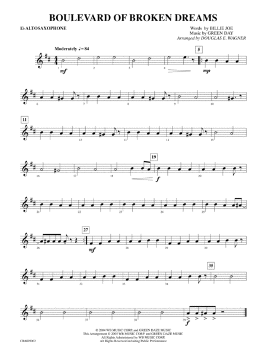 Boulevard of Broken Dreams: E-flat Alto Saxophone Concert Band scores gallery preview page 1