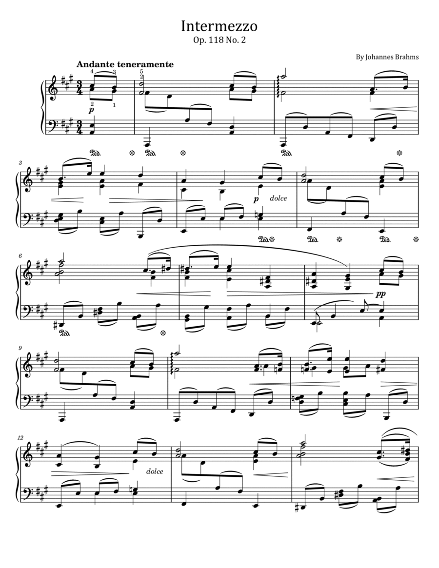 Johannes Brahms - Intermezzo - Op. 118 No. 2 (A Major) - Original With Fingered Piano Solo scores gallery preview page 1