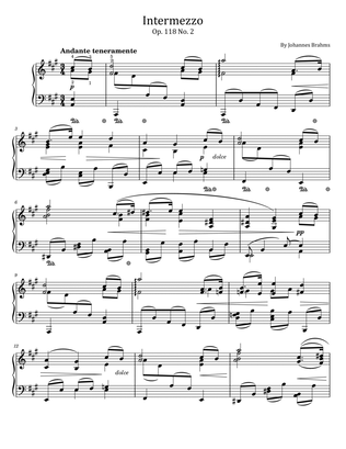 Book cover for Johannes Brahms - Intermezzo - Op. 118 No. 2 (A Major) - Original With Fingered