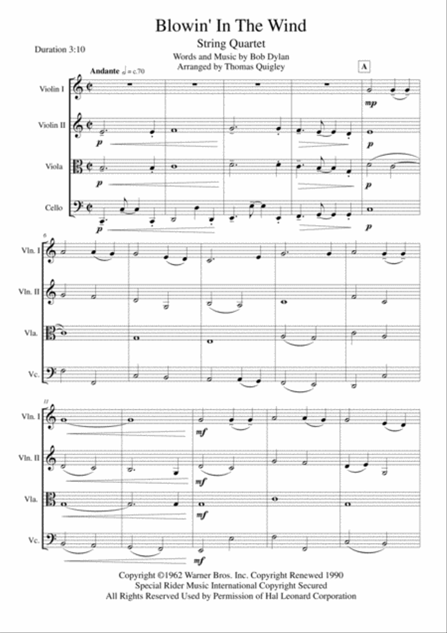 Blowin' In The Wind String Quartet scores gallery preview page 1