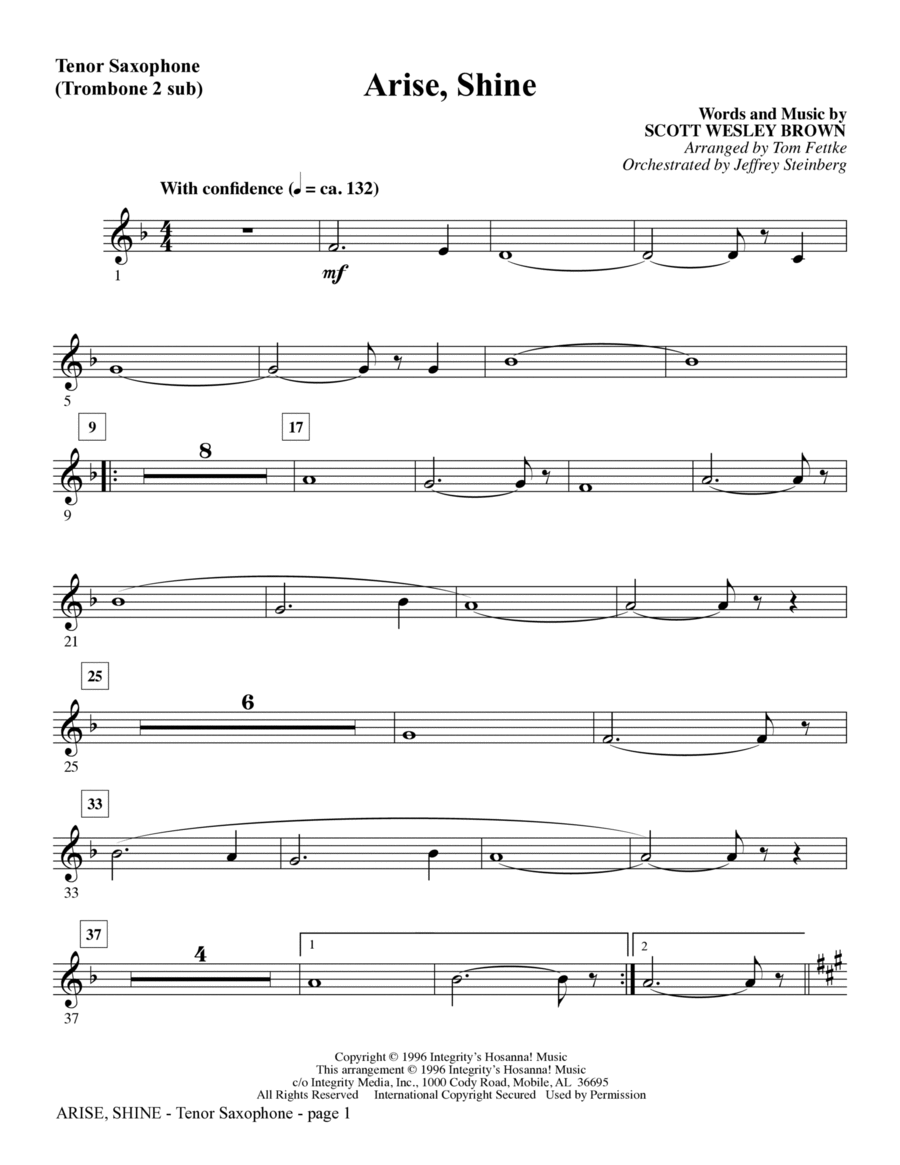 Arise, Shine (arr. Tom Fettke) - Tenor Saxophone (Tromb. 2 sub) Choir scores gallery preview page 1