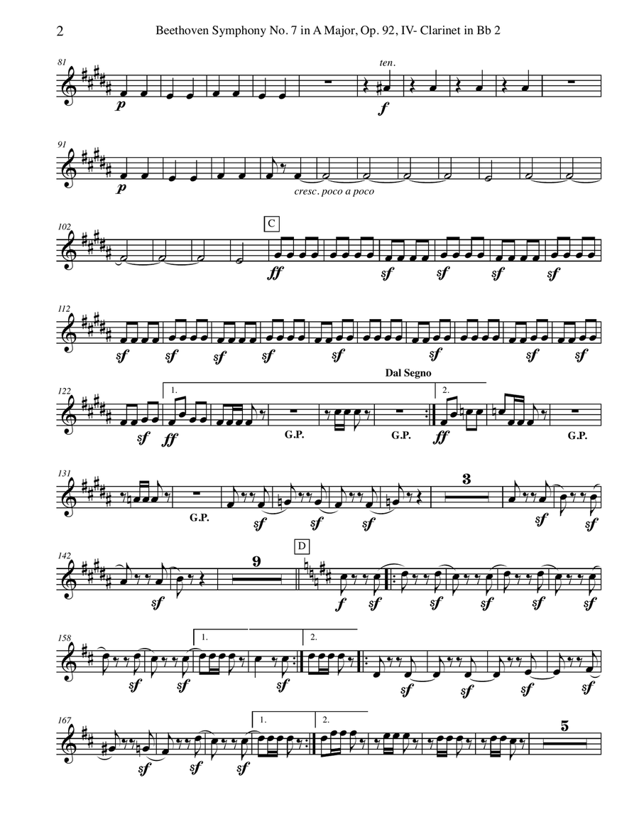 Beethoven Symphony No. 7, Movement IV - Clarinet in Bb 2 (Transposed Part), Op. 92 B-Flat Clarinet scores gallery preview page 2